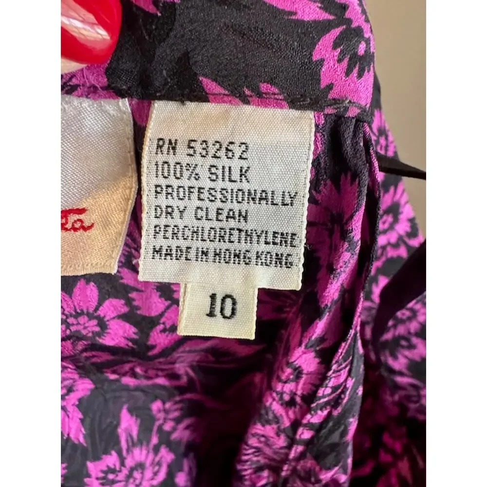 Vintage Oscar de la Renta Butterfly Floral Print Silk Shirt Skirt Set 10
